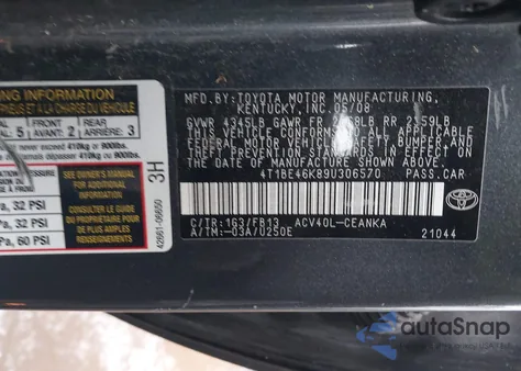 2009 Toyota Camry Le from USA, damaged, VIN 4T1BE46K89U306570